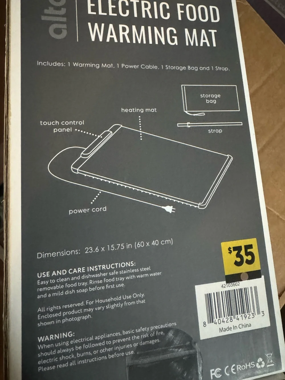 alta Electric Food Warming Mat 23.6 x 15.75 in Digital Touch Control